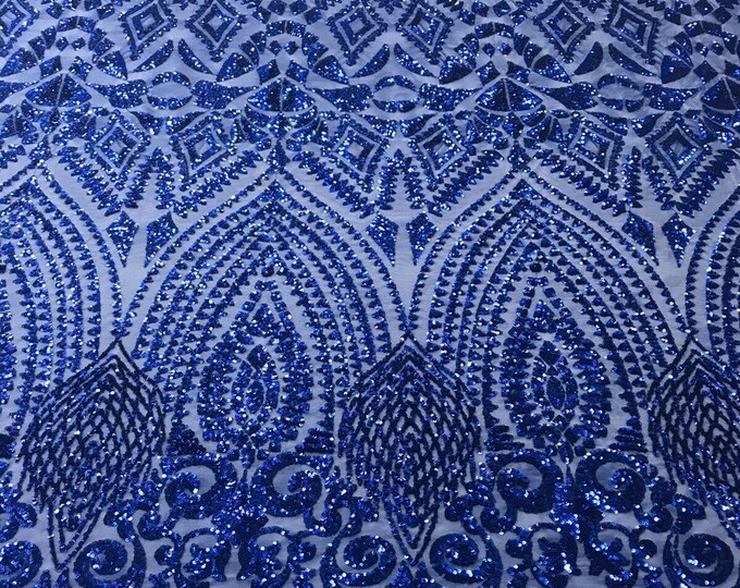 Royal Blue Sequin - 4 Way Stretch Geometric Sequins Bella Design on Mesh Fabric for Prom Gala Gown Sold By The Yard