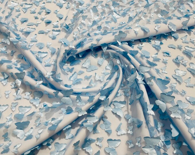 Blue 3D Butterfly Lace Fabric Embroidered on Tulle Mesh Lace Fabric, Floral Bridal Lace Wedding Dress by the Yard (Pick a Size)