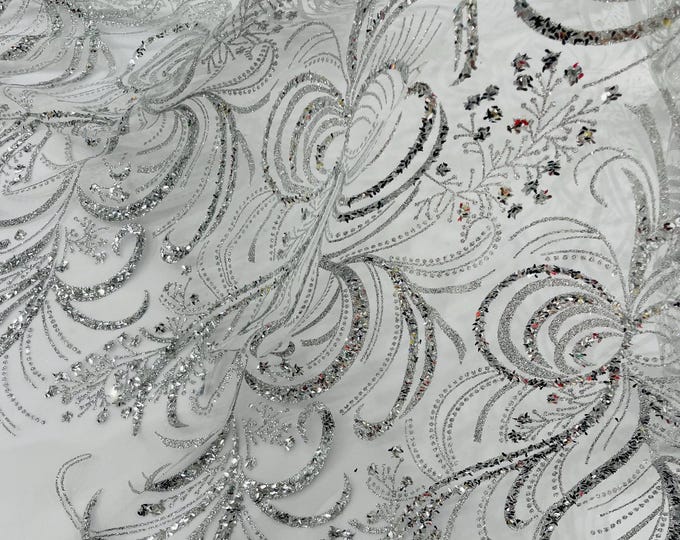 Silver Glitter Mesh Fabric | White Sparkle Tulle, Bridal Lace Glitter-Sparkling Glitter