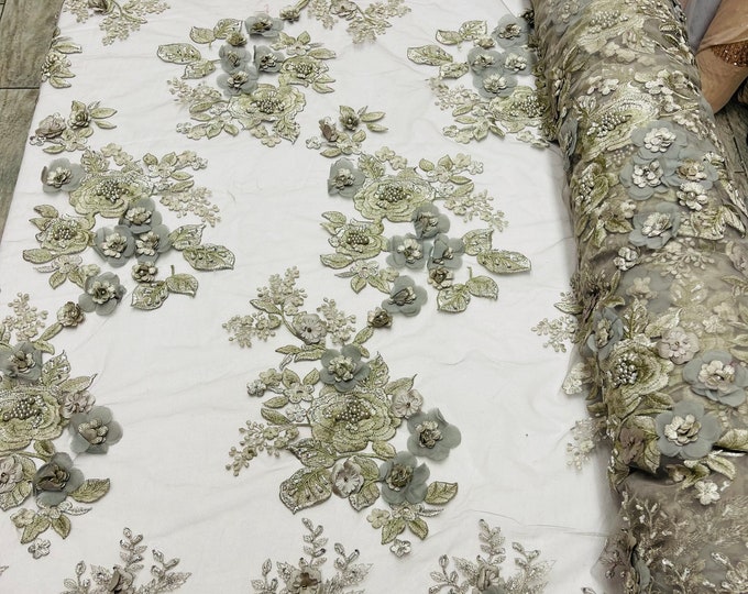 SILVER 3D Floral Design Embroider and Beaded With Pearls On a Mesh Lace-Prom-Dresses-Nightgown-Apparel-Fashion By The Yard