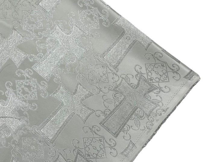 White Silver Liturgical Metallic Cross Brocade Fabric By The Yard, Religious Brocade, Cross Brocade Jacquard, Ecclesiastical Jacquard-Church