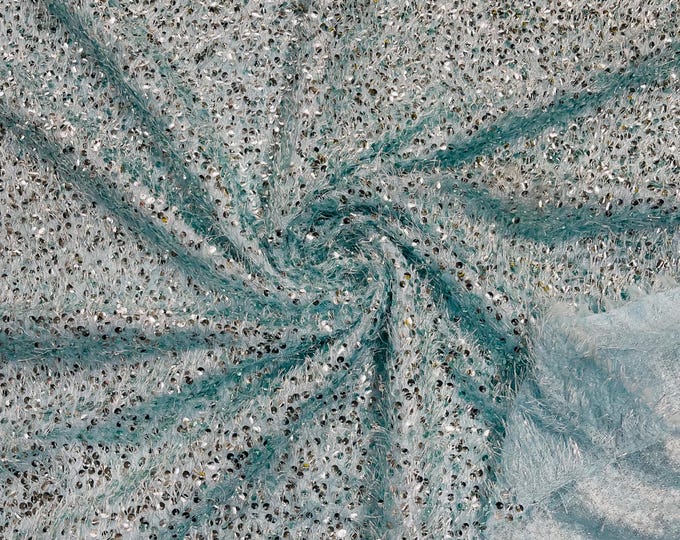 Tiffany Blue Sequin Eyelash Fringe Design By The Yard, eyelash fabric, Sequin Eyelash Sewing Fringe