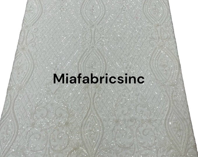 White Fashion Design Bead Damask Fabric, Embroidered Geometric Design With Beads and Sequins on a Mesh Sold By The Yard