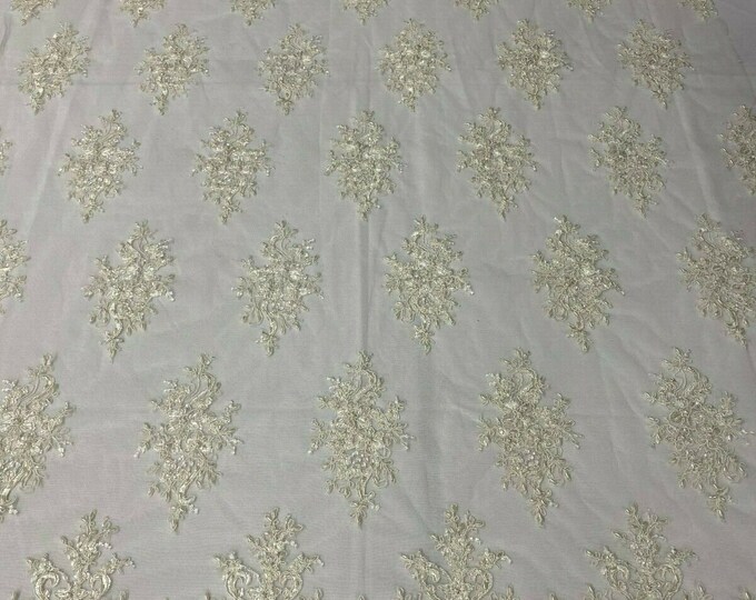 Ivory Floral Cluster Bead Fabric - Embroidered Flower Beaded Fabric Wedding Bridal Sold By Yard