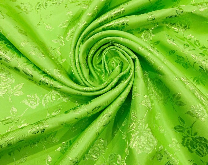 Lime Green Floral Brocade Jacquard Satin Fabric - 58/60" Wide by the yard
