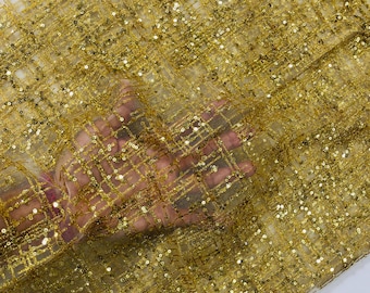 Gold Glitter Fabric on a Mesh Lace Fabric By The Yard for Wedding Decor/Geometric Glitter Fabric  Bridal/Prom/Shimmer/Luxury Sparkle