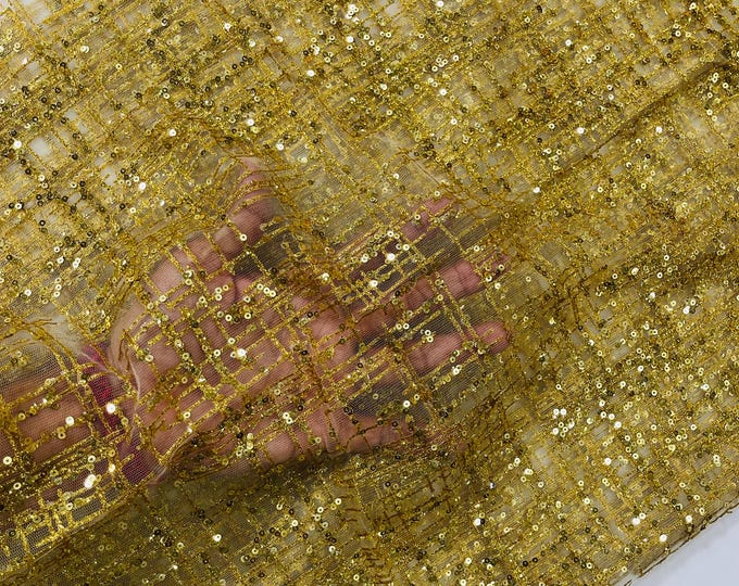 Gold Glitter Fabric on a Mesh Lace Fabric By The Yard for Wedding Decor/Geometric Glitter Fabric  Bridal/Prom/Shimmer/Luxury Sparkle