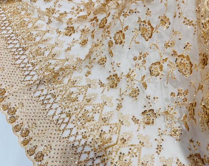 Champagne Beaded Sequined Lace Fabric: Embroidered Mesh, Bridal Wedding Dress