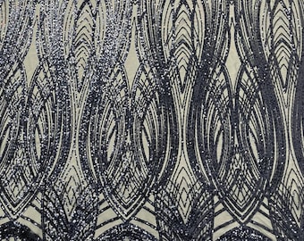 Navy Blue Sequins Fabric | 4 Way Stretch Fancy Big Damask Design Sequins on Spandex Mesh Prom Gala Gown Fabric By The Yard