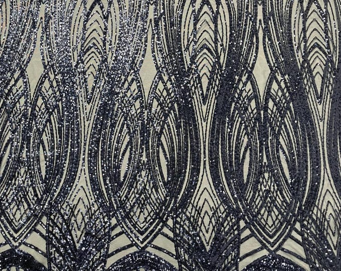 Navy Blue Sequins Fabric | 4 Way Stretch Fancy Big Damask Design Sequins on Spandex Mesh Prom Gala Gown Fabric By The Yard