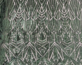 Hunter Green Sequins Fabric- Geometric Design 4 Way Stretch Sequin Fabric Sold By The Yard