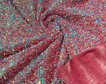 Blue Iridescent Sequins Pink Stretch Velvet Fabric - By The Yard