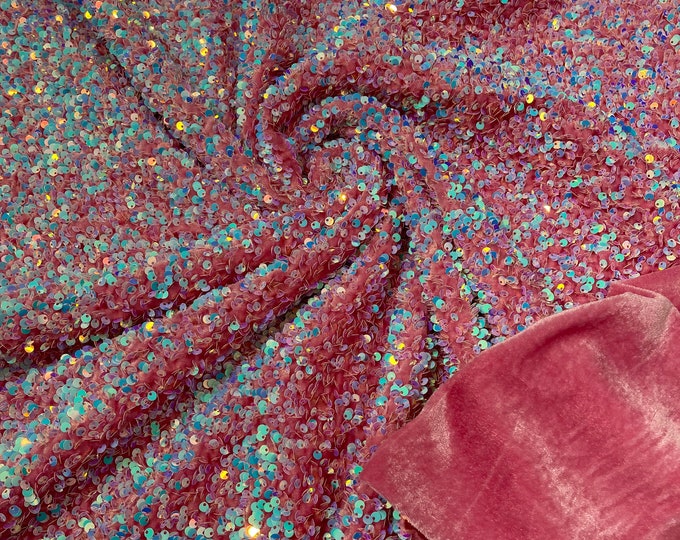 Blue Iridescent Sequins Velvet Fabric | by the yard | Pink Stretch Velvet With Luxury Sequin | Velvet Sequins 2 Way Stretch | Velvet Fabri