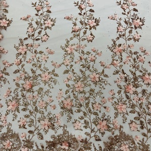 Rose Gold 3D Flower Glitter Sequin Fabric by the Yard, 3D Floral ...