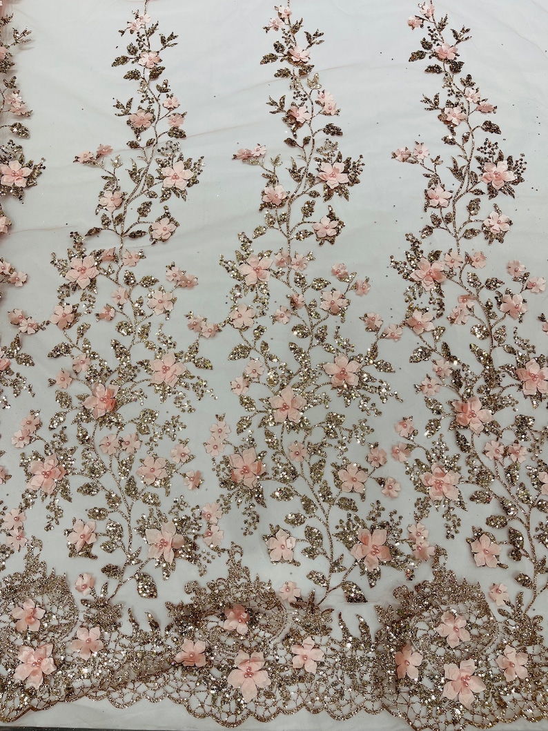 Rose Gold 3D Flower Glitter Sequin Fabric by the Yard, 3D Floral ...