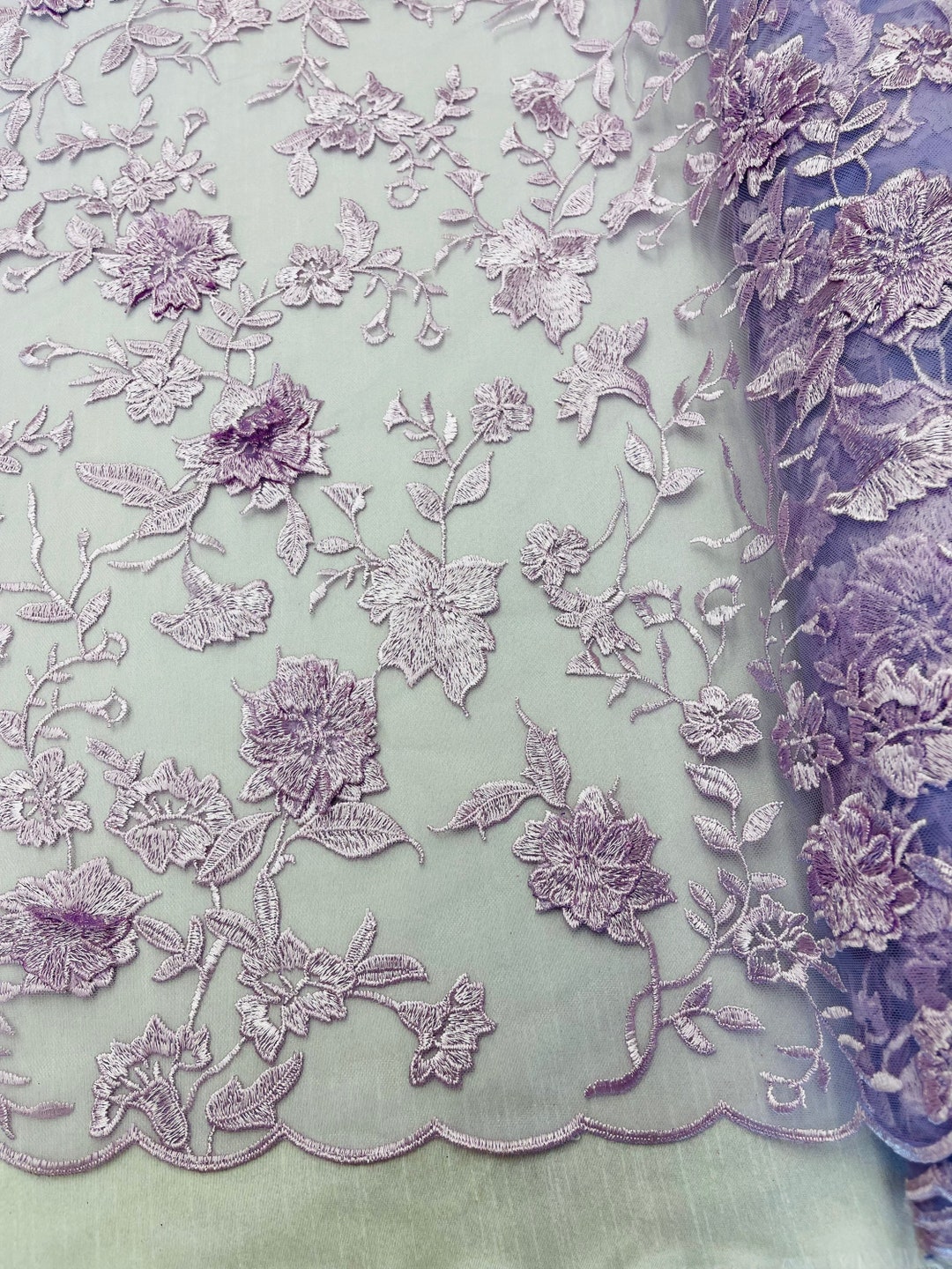 Lilac 3D Flower-floral and Leaves Embroidery on a Mesh Lace Fabric ...