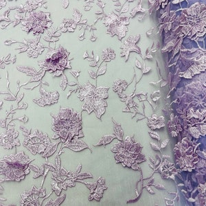 Lilac 3D Flower-Floral and Leaves Embroidery on a Mesh Lace Fabric , Floral Bridal Lace Wedding Dress By The Yard