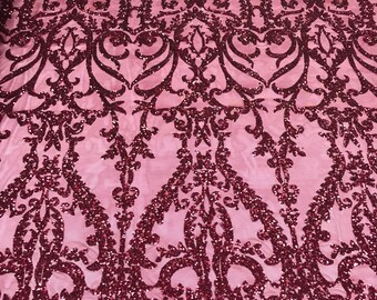 Burgundy Sequin Lace Fabric: Damask Embroidered Mesh, 4-Way Stretch