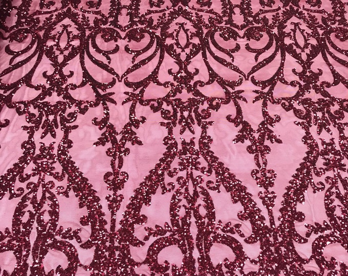 Sequins Burgundy Lace Fabric, DAMASK Design Embroidered on a Mesh 4 way Stretch Sequin By The Yard -Prom-Gown ( Choose The Size )