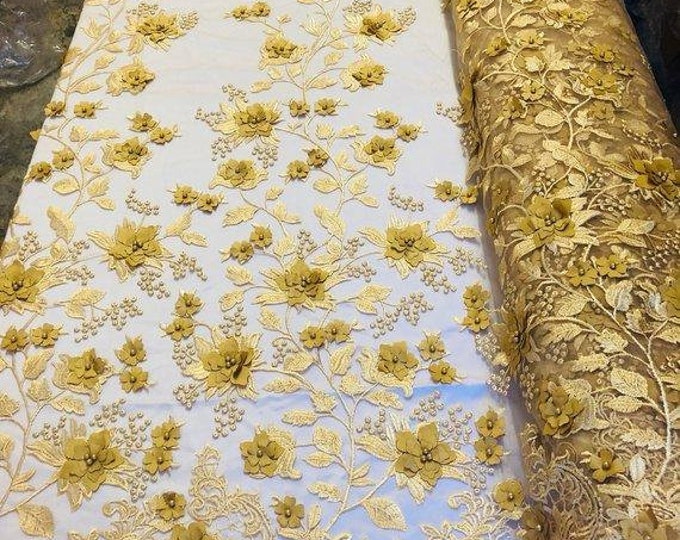 Gold 3D Floral Design Embroider and Beaded With Pearls On a Mesh Lace-Prom-Dresses-Nightgown-Apparel-Fashion By The Yard