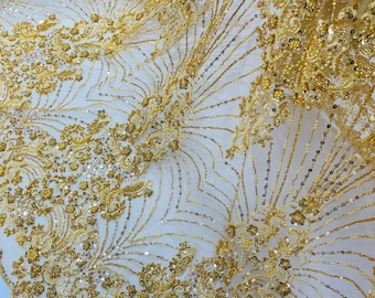 Gold Beaded Fabric By The Yard, Luxury Geometric Design Beads and Sequins, Beaded Fabric Embroidered on a Mesh Lace,Wedding,Bridal,Dres