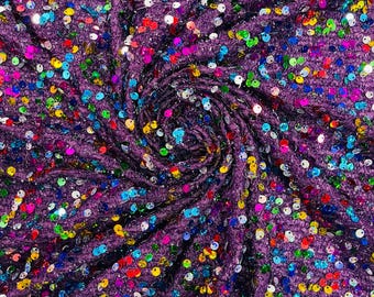 Multi Color Hologram Sequin Fabric On Purple Fabric: Confetti Sequins, 2-Way Stretch By Yard