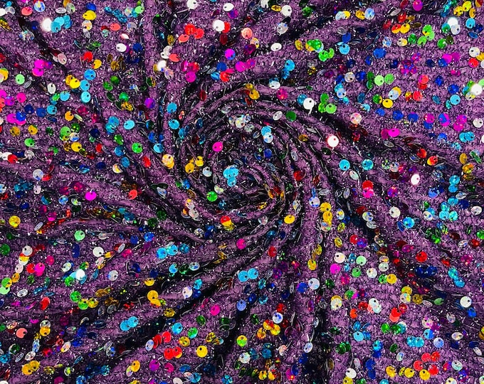 Multi Color Hologram Sequin Fabric On Purple Fabric: Confetti Sequins, 2-Way Stretch By Yard