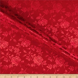 Red Flower Brocade Jacquard Satin Fabric, Sold By The Yard Polyester Satin Floral Wide 58/60&quot;  (Choose The Quantity)