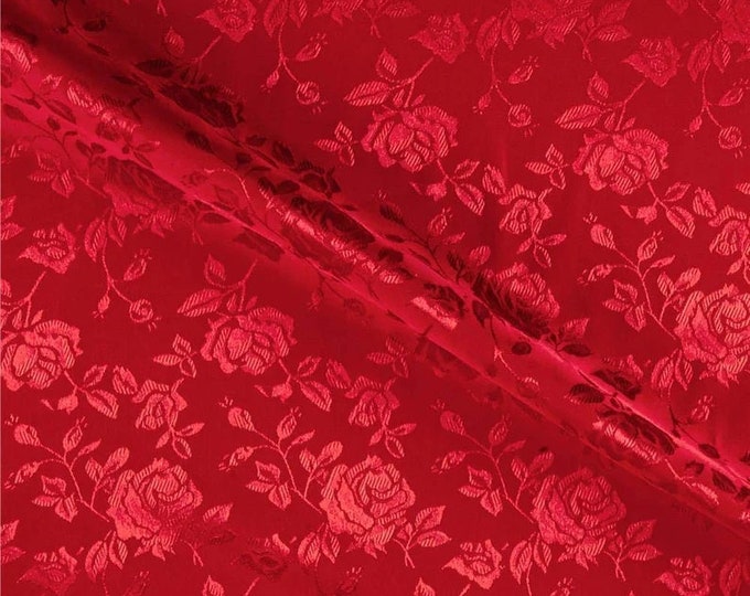Red Flower Brocade Jacquard Satin Fabric, Sold By The Yard Polyester Satin Floral Wide 58/60"  (Choose The Quantity)