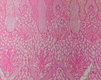 Candy Pink Iridescent Sequin Fabric: Floral Damask 4-Way Stretch Spandex