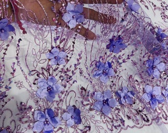 Lilac 3D Flower Glitter Sequin Fabric by the yard, 3D Floral Glitter Sequin On Mesh for wedding dress Quinceañera