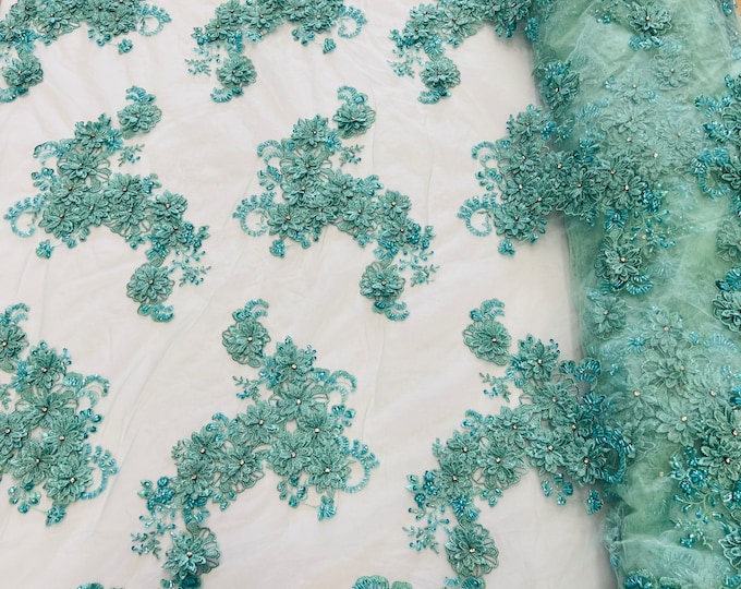 Mint 3D Floral Lace Fabric by the yard, Flower Design Embroider With Rhinestones On a Mesh, Prom-Dresses-Nightgown-Apparel-Fashion