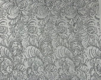 Silver/White Bridal Glitter Lace Mesh By The Yard for Quinseñera Wedding Decor Glimmer/Prom/Glitter Fabric/Sparkle Fabric/Shimmer Lace