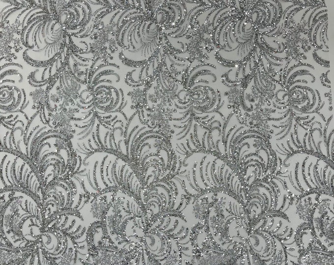 Silver/White Bridal Glitter Lace Mesh By The Yard for Quinseñera Wedding Decor Glimmer/Prom/Glitter Fabric/Sparkle Fabric/Shimmer Lace