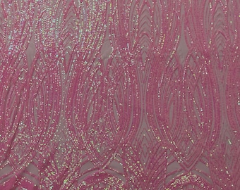 Candy Pink Iridescent Sequins Fabric | Damask Design, 4 Way Stretch