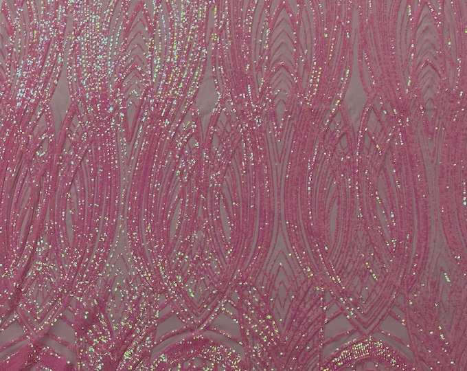 Candy Pink Iridescent Sequins Fabric | 4 Way Stretch Fancy Big Damask Design Sequins on Spandex Mesh Prom Gala Gown Fabric By The Yard