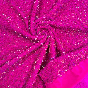 Hot Pink Iridescent Sequin Fabric on Hot Pink Stretch Velvet by the yard all Over 5mm Sequins Velvet 2-way Stretch 58-60”