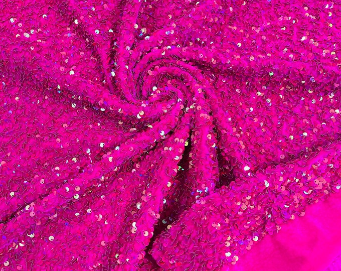 Hot Pink Iridescent Sequin Fabric on Hot Pink Stretch Velvet by the yard all Over 5mm Sequins Velvet 2-way Stretch 58-60”