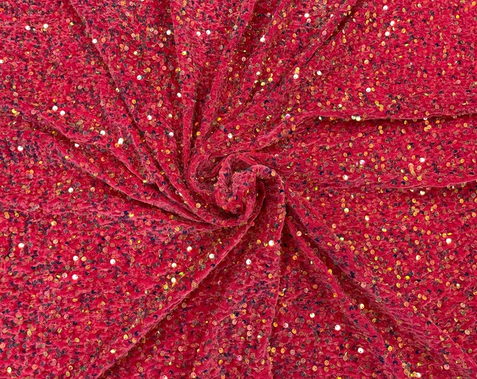 Clear Iridescent Sequin on Coral Stretch Velvet With Partial Luxury Sequins  5mm Shining Sequins 2-way Stretch 58/60” (Choose The Quantity)