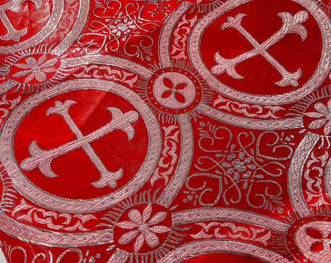 Red/Silver Religious Brocade | Liturgical Fabric | Ecclesiastical Jacquard | Church | Vestment - Cross Brocade by the Yard Wide 58/60"