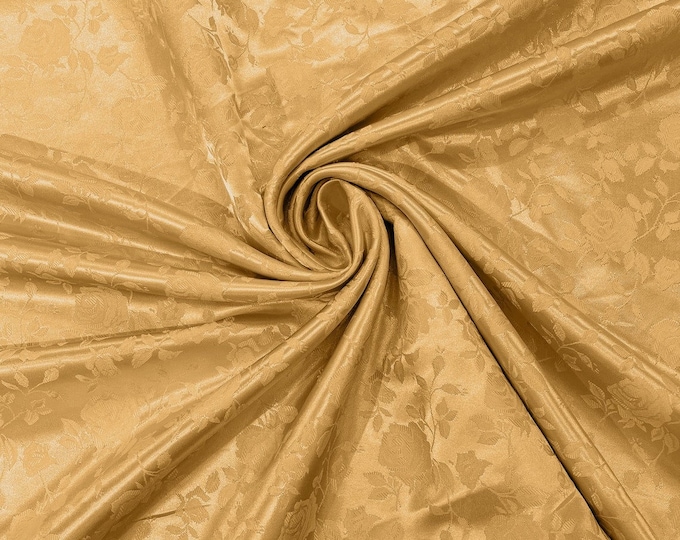 Sun Gold Flower Brocade Jacquard Satin Fabric, Sold By The Yard Polyester Satin Floral Wide 58/60"  (Choose The Quantity)