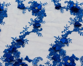 Royal Blue 3D Floral-Flower Lace Fabric | by the yard | Embroidered With Sequins & Rhinestone 3D Flower| Lace Floral | Bridal Wedding