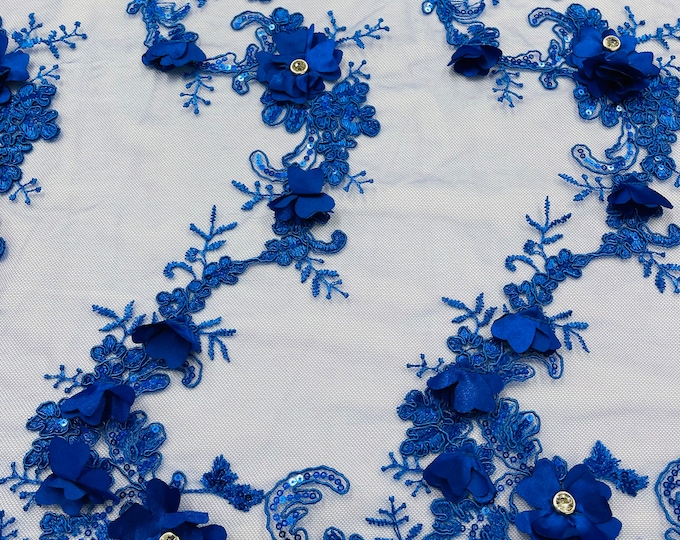 Royal Blue 3D Floral-Flower Lace Fabric | by the yard | Embroidered With Sequins & Rhinestone 3D Flower| Lace Floral | Bridal Wedding