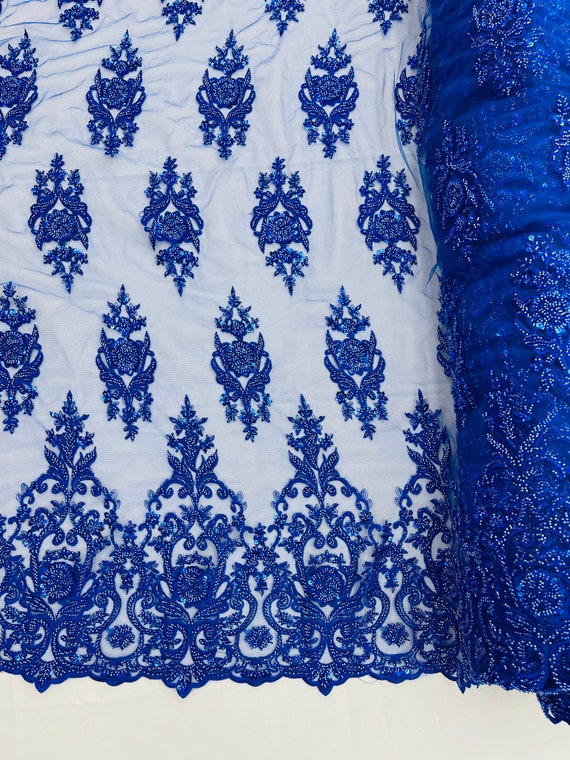 Royal Blue Beaded Fabric Embroidery With Beaded Sequin on a Mesh