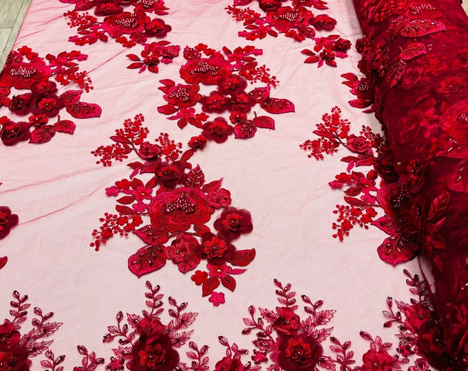 BURGUNDY 3D Floral Design Embroider and Beaded With Pearls On a Mesh Lace-Prom-Dresses-Nightgown-Apparel-Fashion By The Yard