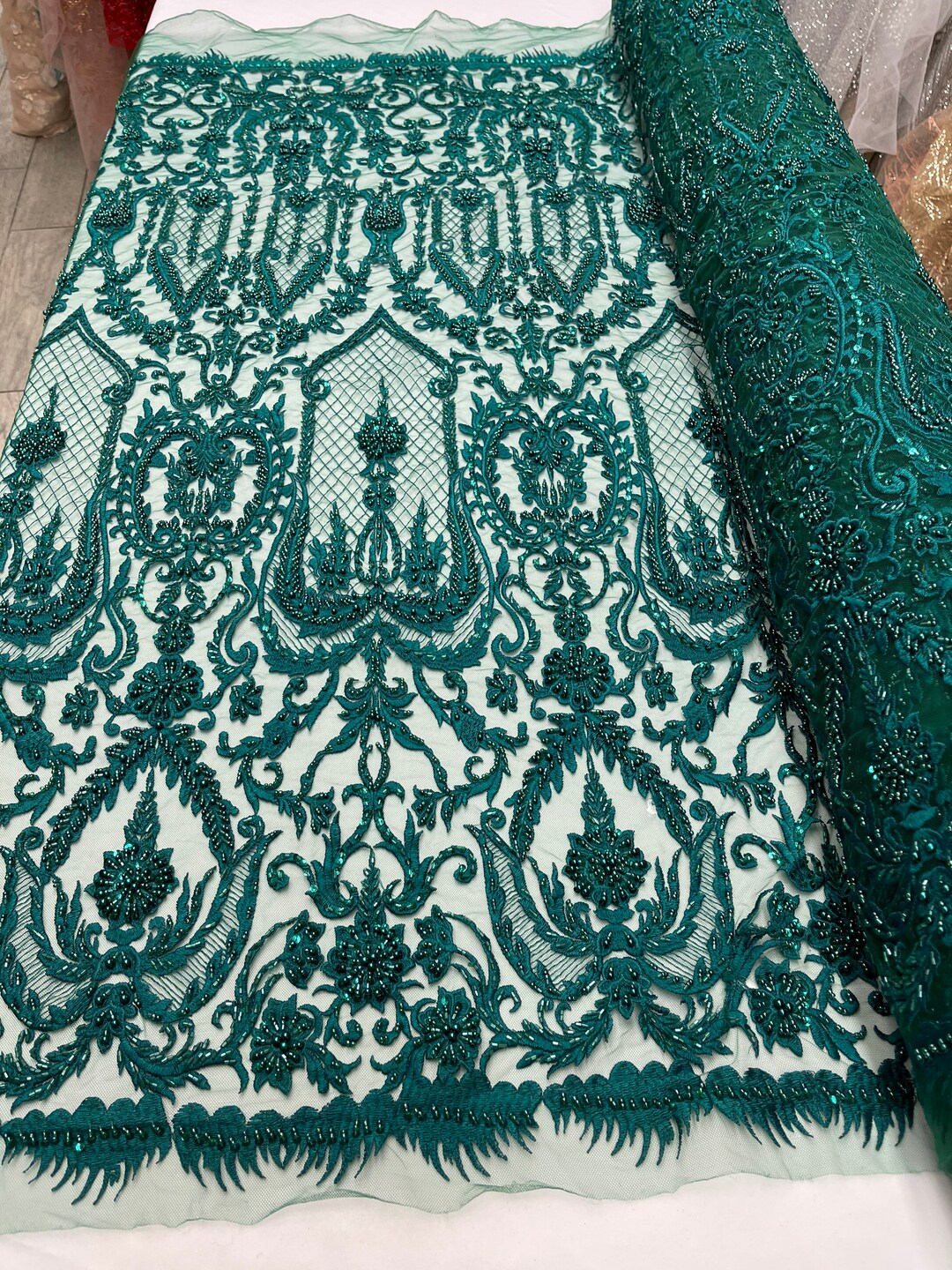 Hunter Green Beaded Fabric - by Yard - Embroidered Damask Pattern With ...