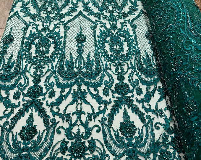 Hunter Green Beaded Fabric - by yard - Embroidered Damask Pattern With Pearls and Beads on Mesh Lace Fabric Wedding