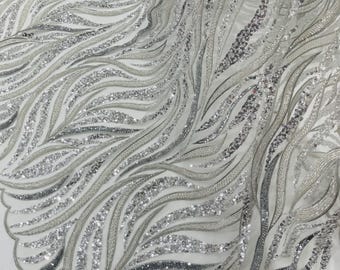 Silver Beaded Fabric By The Yard: JM Fashion Wave Sequin Appliqué, Bridal Wedding Prom