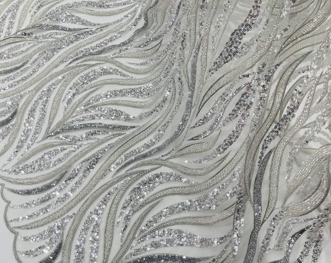 Silver Beaded Fabric By The Yard: JM Fashion Wave Sequin Appliqué, Bridal Wedding Prom