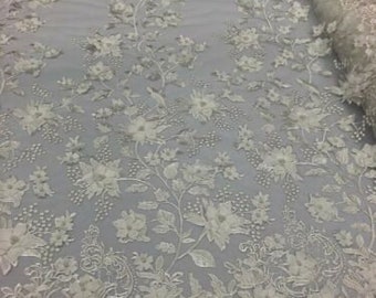 Ivory 3D Floral Design Embroider and Beaded With Pearls On a Mesh Lace-Prom-Dresses-Nightgown-Apparel-Fashion By The Yard